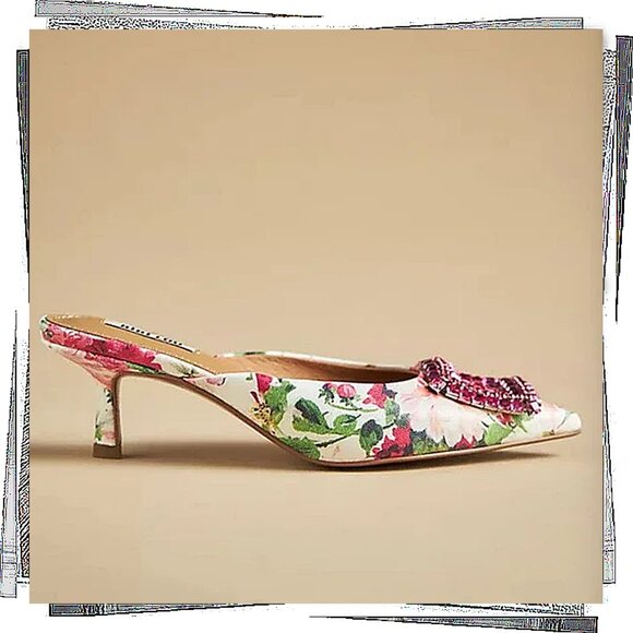 Pink Green & White Floral Aoi Jeweled Kitten Heels  (EU 37) Bibi Lou - Picture 4 of 5